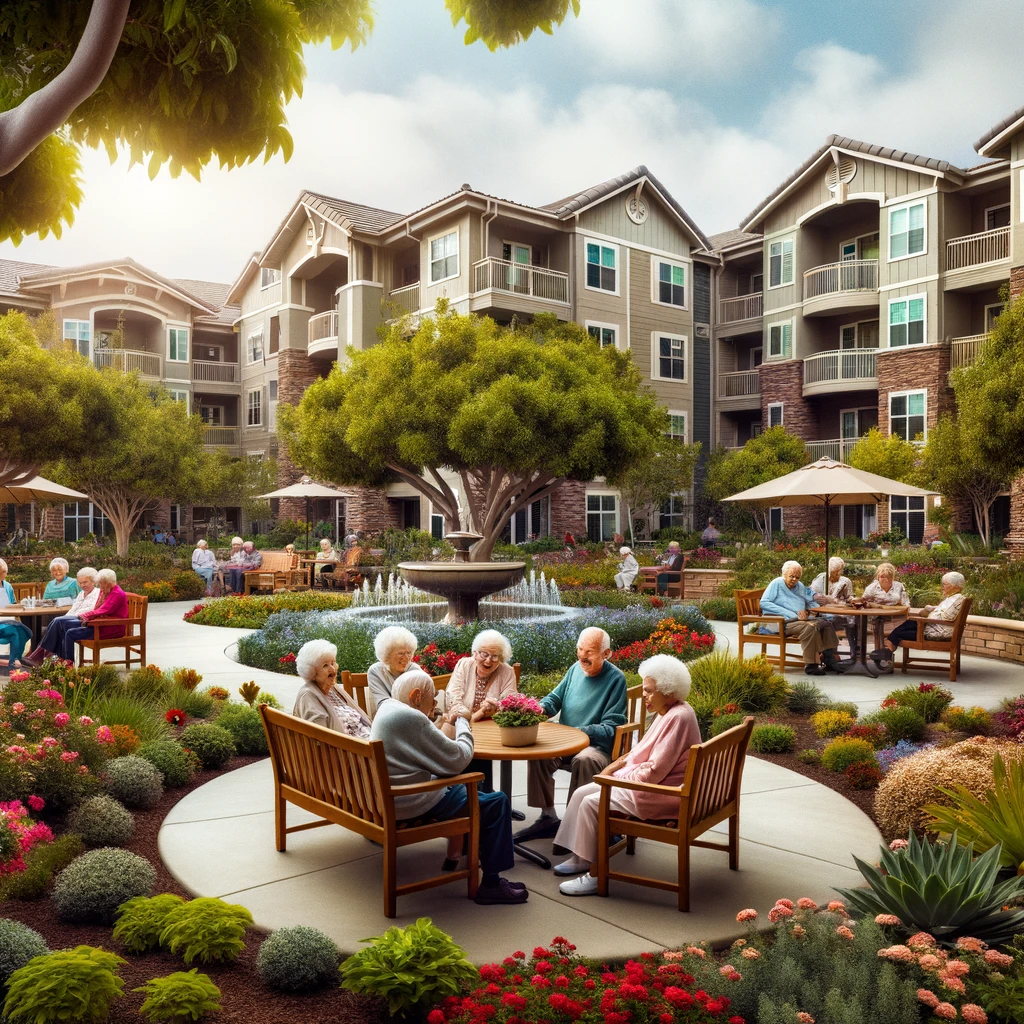 Seniors enjoying outdoor communal areas at a beautifully landscaped senior living community in El Cajon with elegant apartment buildings in the background.