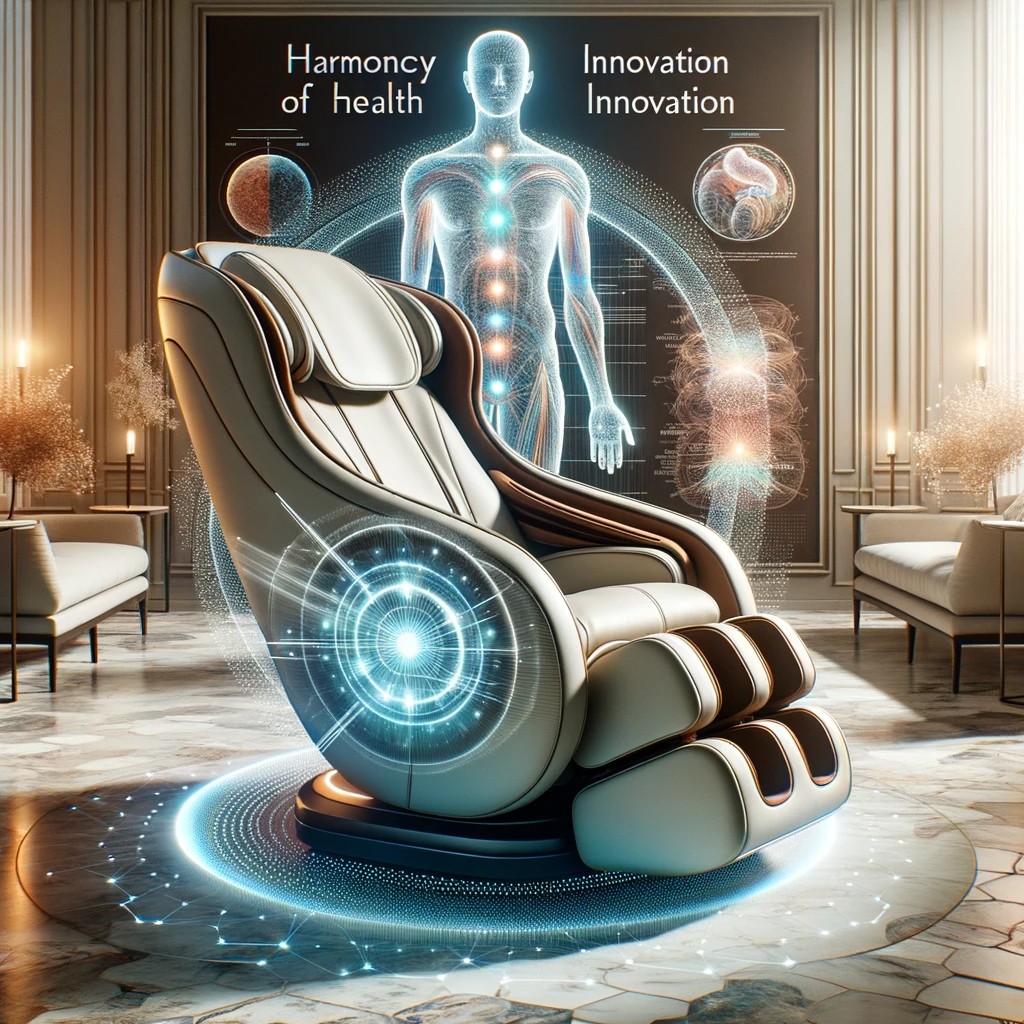 Massage chair in a serene setting with graphics highlighting its health benefits.