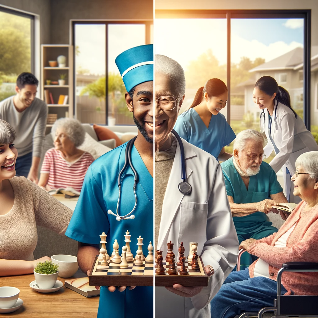 A split-image comparing an assisted living facility with seniors engaging in social activities and a nursing home with medical care and support.